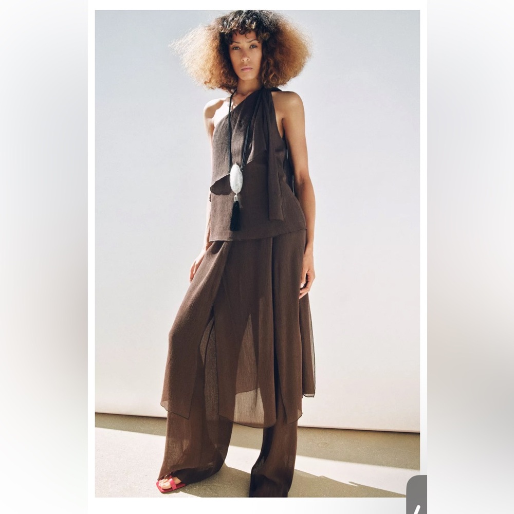 Zara Brown Sheer Wide-Leg Jumpsuit with Draped Halter